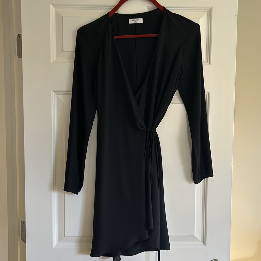 Aritzia Babaton black mini wrap dress asymmetrical hem, long sleeve, Sz XA
